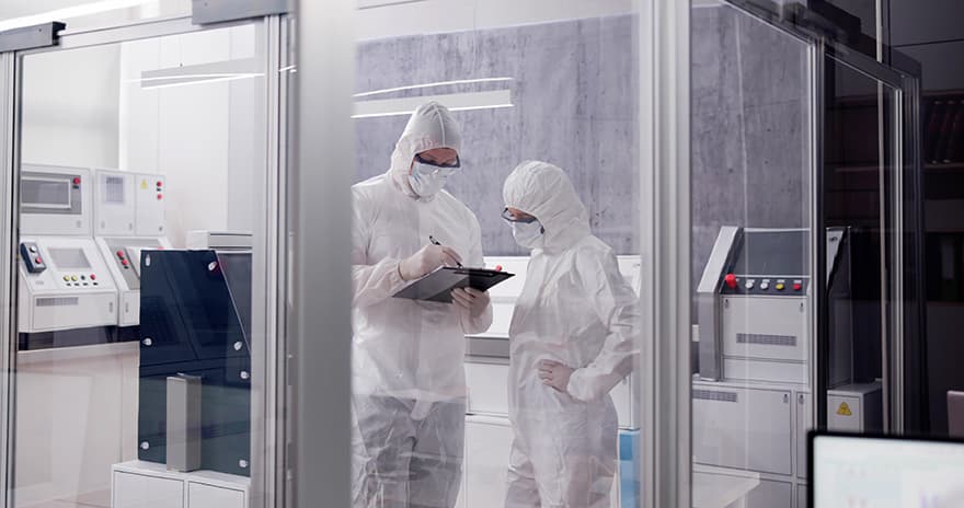 Factory Clean Room Laboratory. Industrial Engineer Using Technology