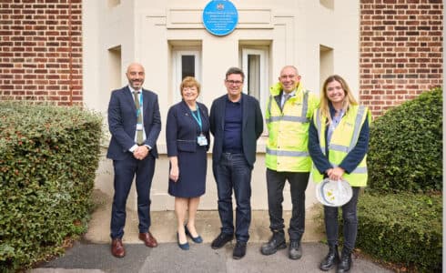 Pictured left to right – Mark Foden (Associate Director of Sustainability), Kathy Cowell OBE (Trust Chair), Andy Burnham (Mayor of Greater Manchester), Jonathan Kershaw (Dalkia Managing Director) and Lucinda Walker-Tully (Dalkia Project Manager)