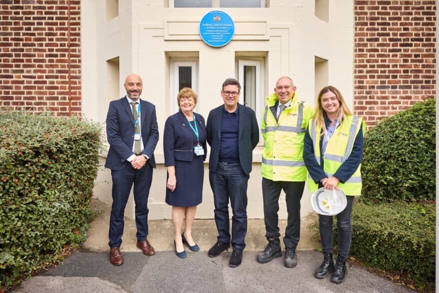 Pictured left to right – Mark Foden (Associate Director of Sustainability), Kathy Cowell OBE (Trust Chair), Andy Burnham (Mayor of Greater Manchester), Jonathan Kershaw (Dalkia Managing Director) and Lucinda Walker-Tully (Dalkia Project Manager)